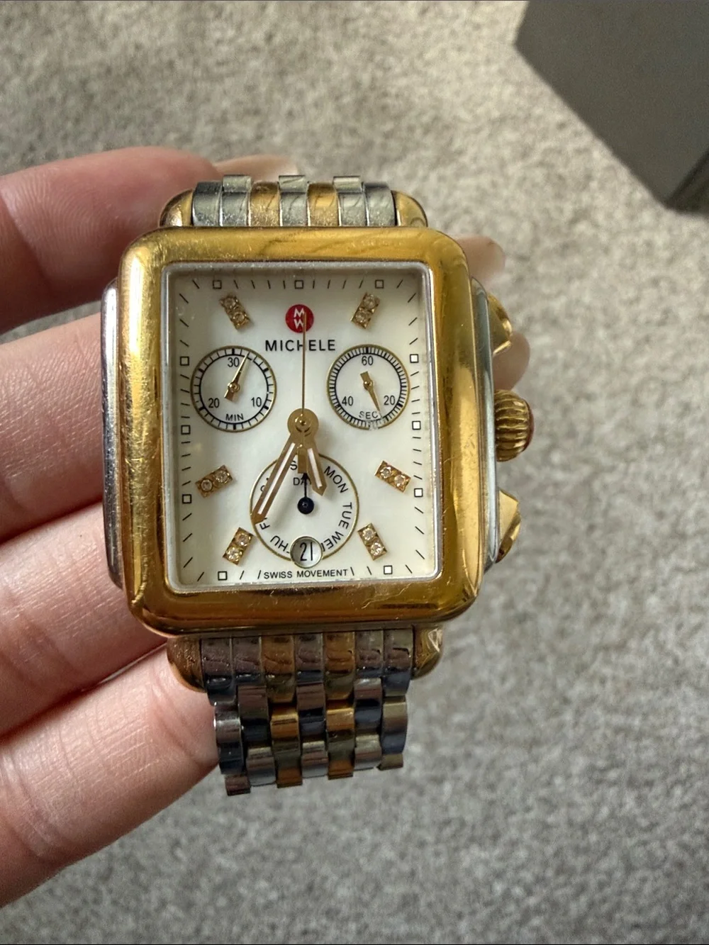 Michele Two-Tone Gold & Silver Square Mother-of-Pearl Dial Watch